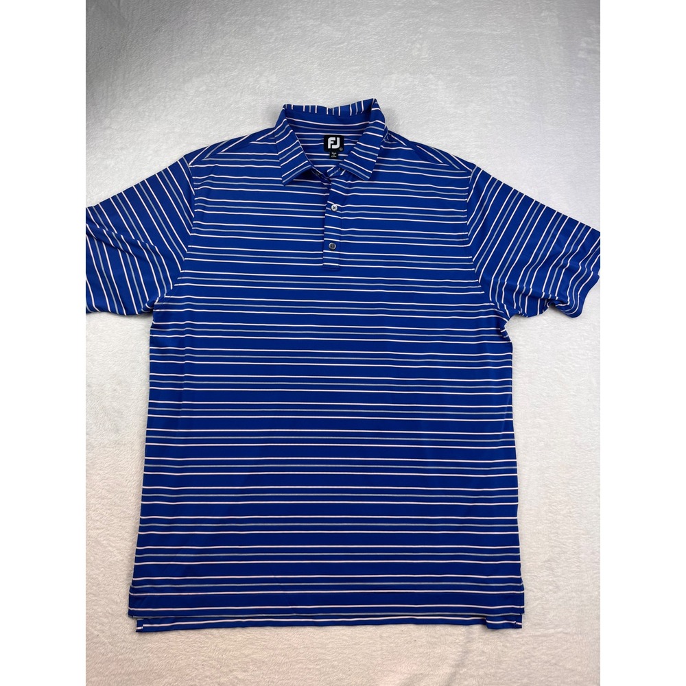 FootJoy Mens XL Blue Striped Performance Golf Polo Shirt Short Sleeve FJ Logo